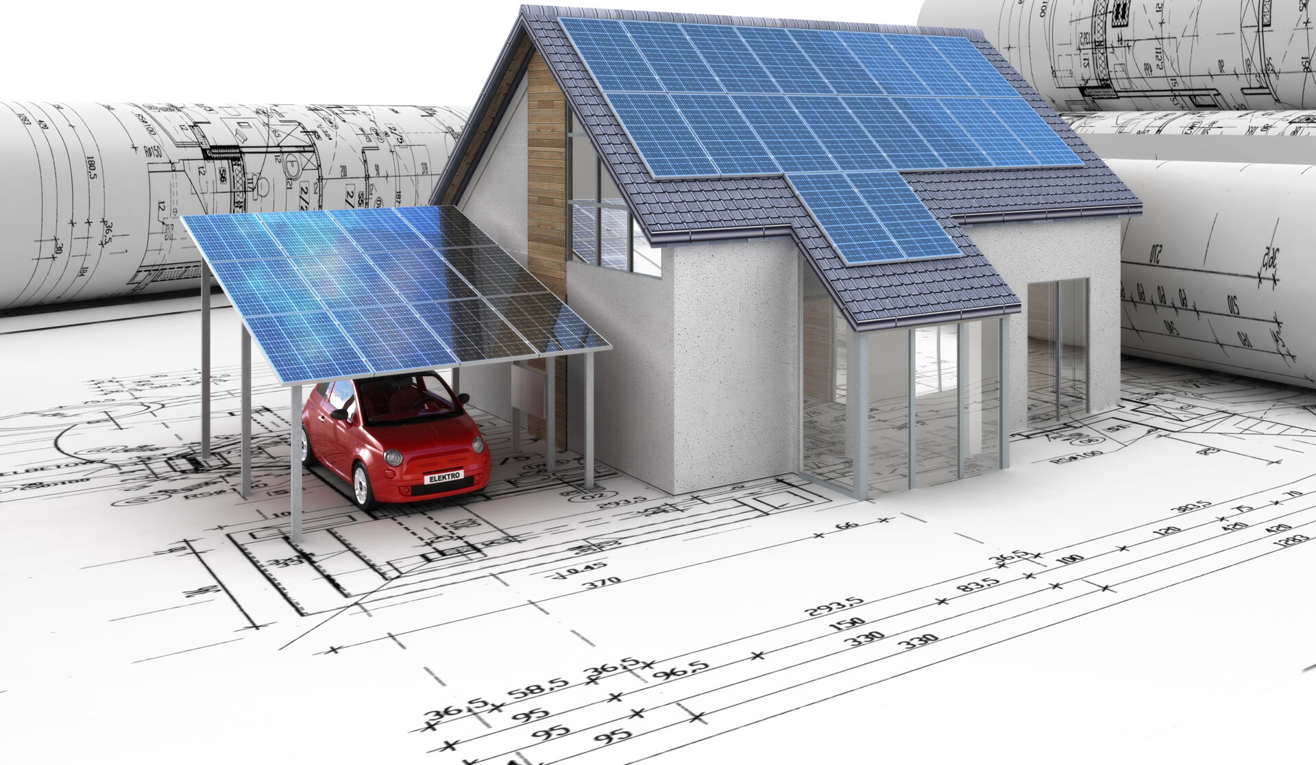 INTEGA Meinersdorf - Wir sind ihr Ingenieurbüro für Haustechnik: Heizung, Lüftung & Sanitär in Dresden, Hof, Gera Modell eines Solarhauses mit Carport und rotem Auto auf Bauplänen. Nachhaltige Energiekonzepte in Südsachsen.