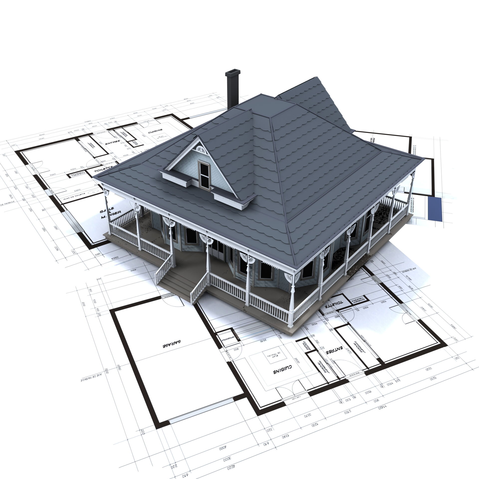 INTEGA Meinersdorf - Wir sind Ihre Ingenieure für Klima-& Trocknungstechnik, Versorgungstechnik & Maschinenbau Ein 3D-Modell eines Hauses mit Veranda liegt auf Architektenplänen. TGA-Planung für Wohngebäude in Südsachsen.